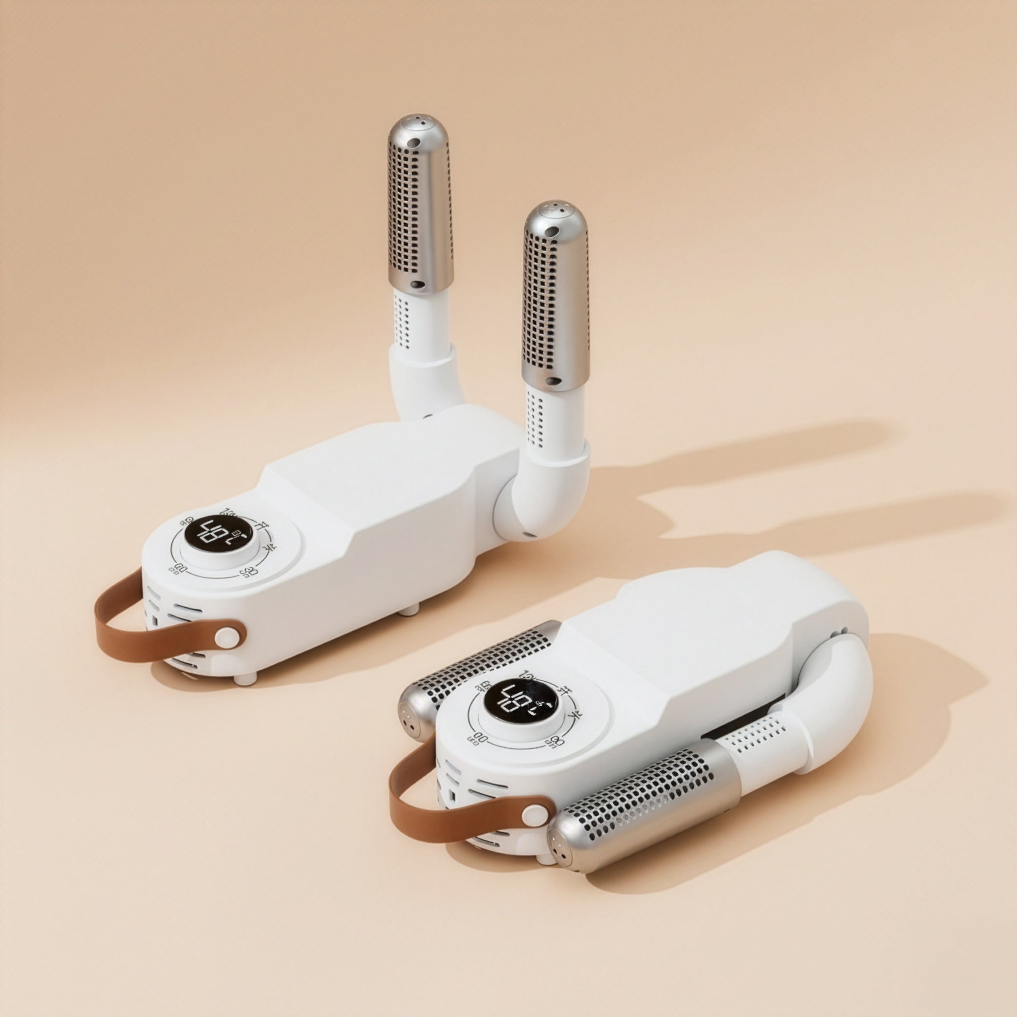 Two BootBud shoe dryers on a beige background