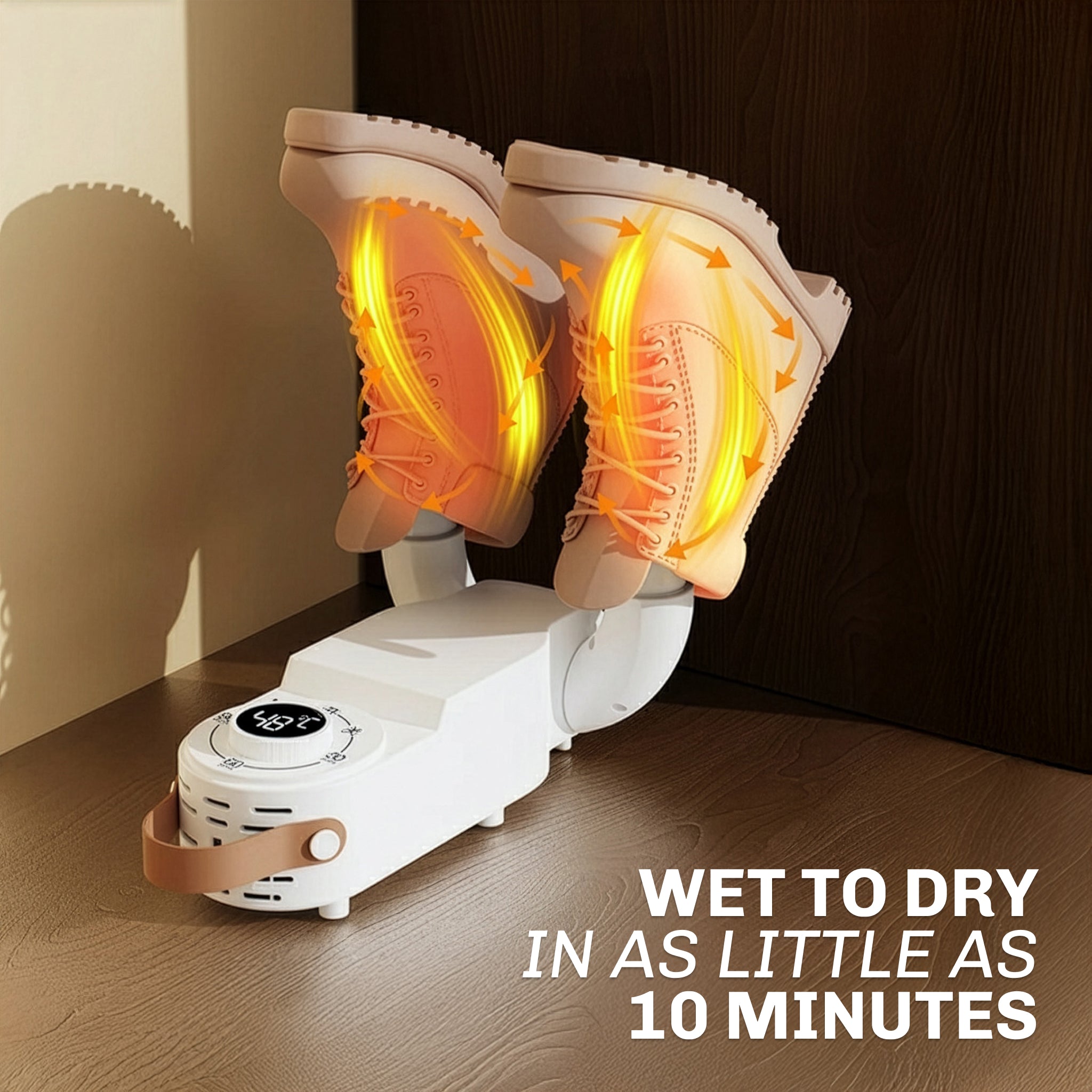 Shoe dryer with glowing interior on a wooden floor, text 'Wet to dry in as little as 10 minutes' below.