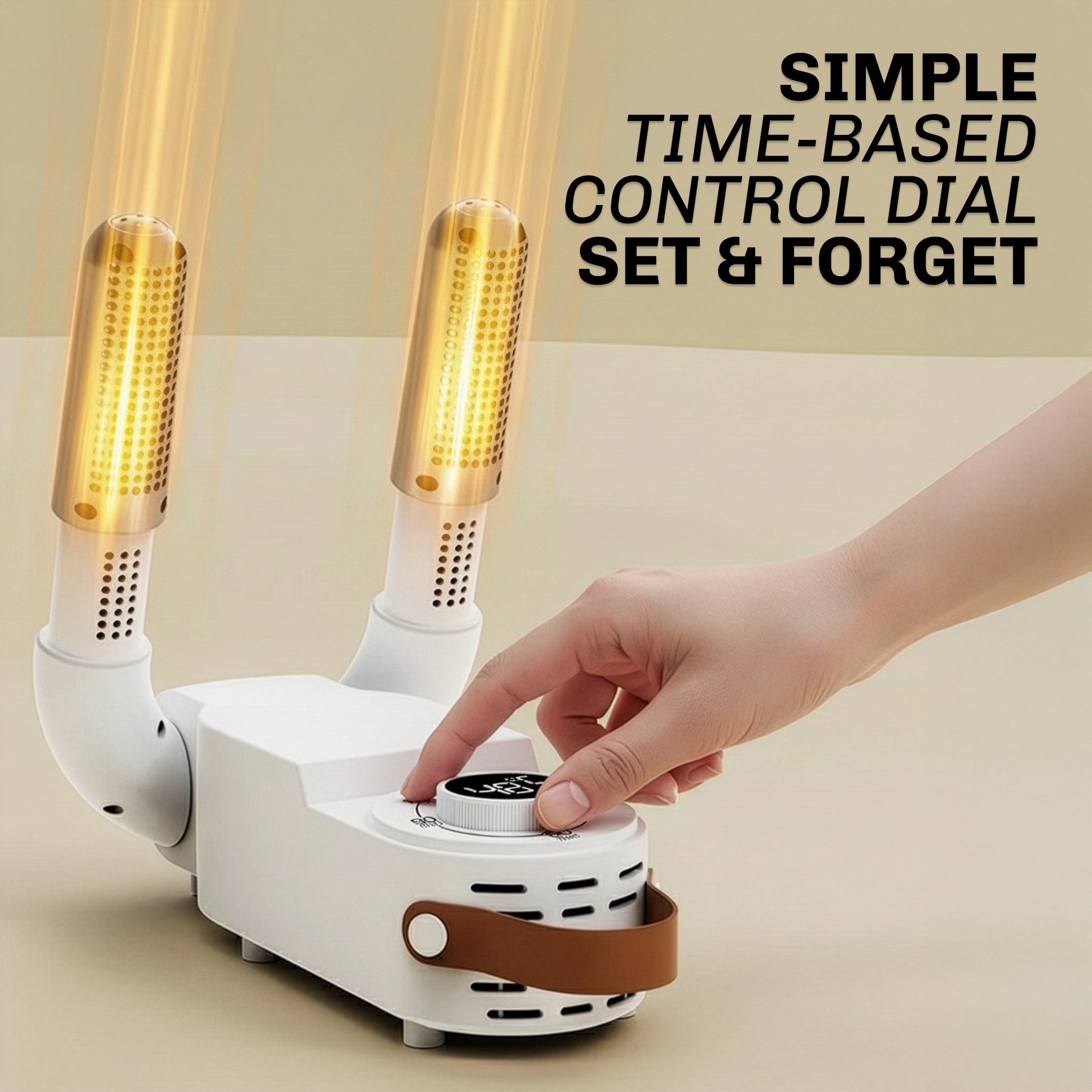 Control device with two illuminated nozzles and a hand adjusting a dial on a beige background.