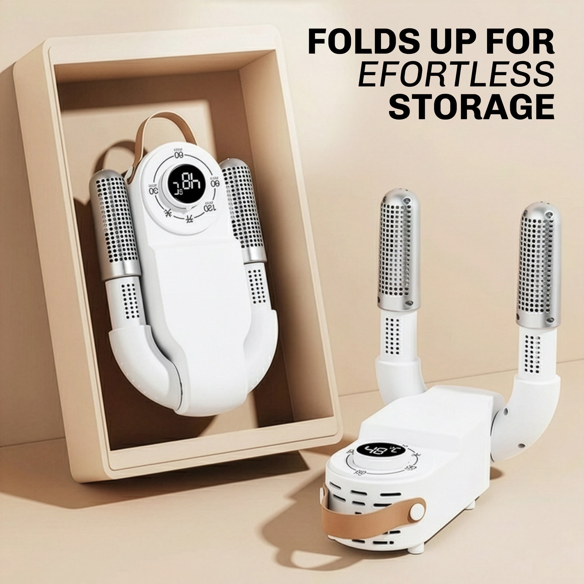 White bootbud device with folding feature on a beige background