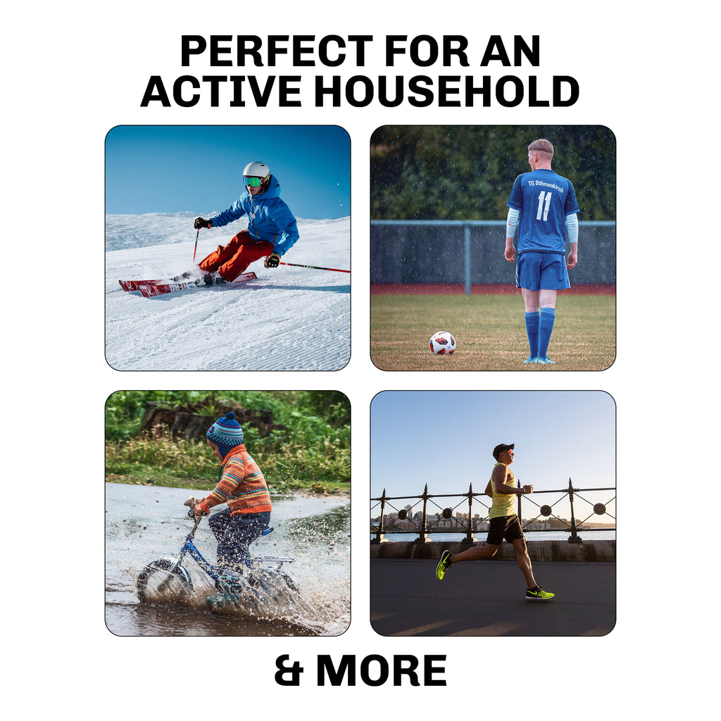 Four images showing people engaged in outdoor activities with text 'Perfect for an Active Household & More'.