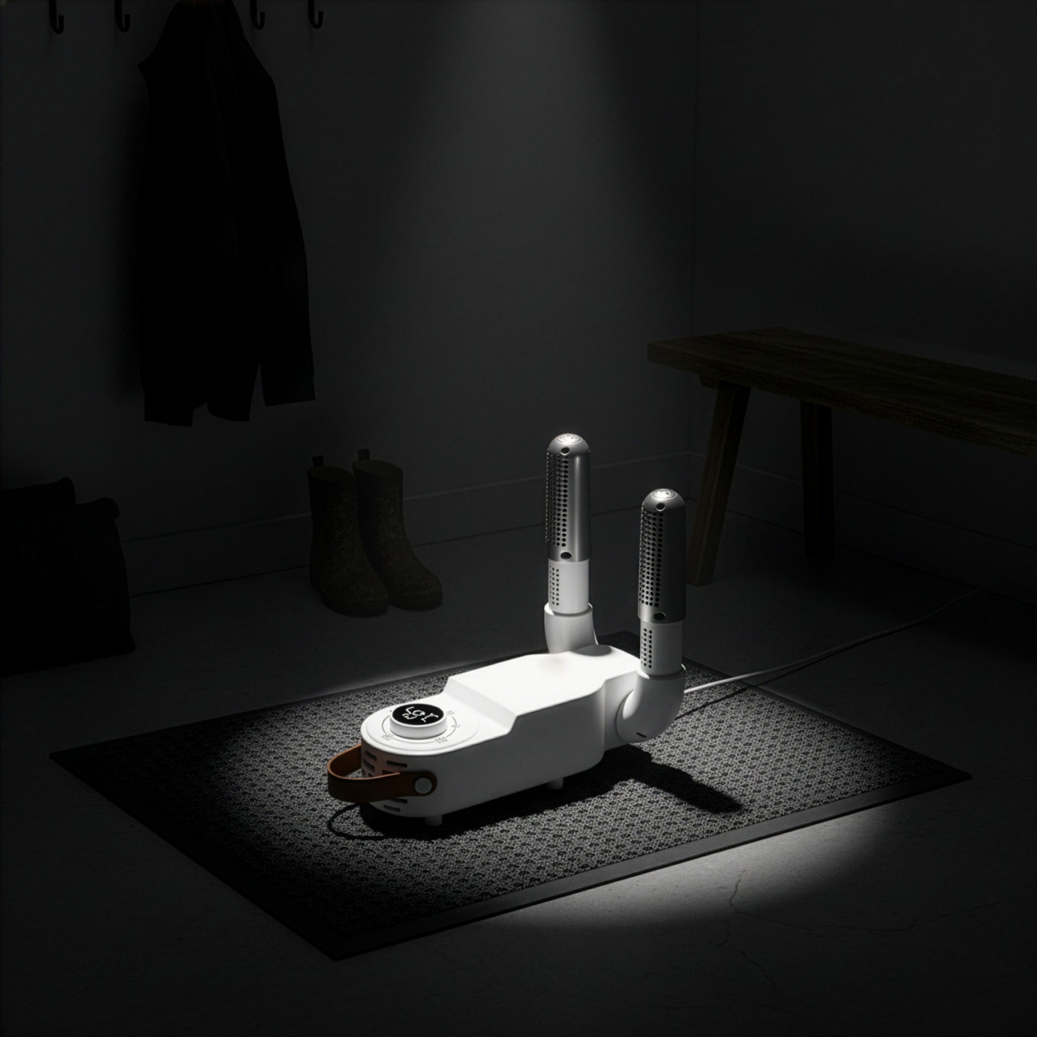 White bootbud on a dark mat in a dimly lit room with shoes and a bench in the background.