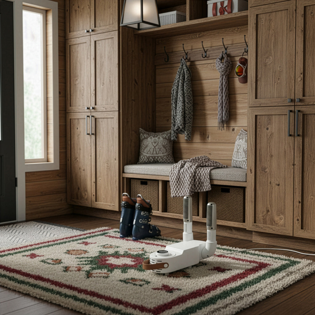 Bootbud in wooden mudroom with coat hooks, bench, rug, and ski boots.