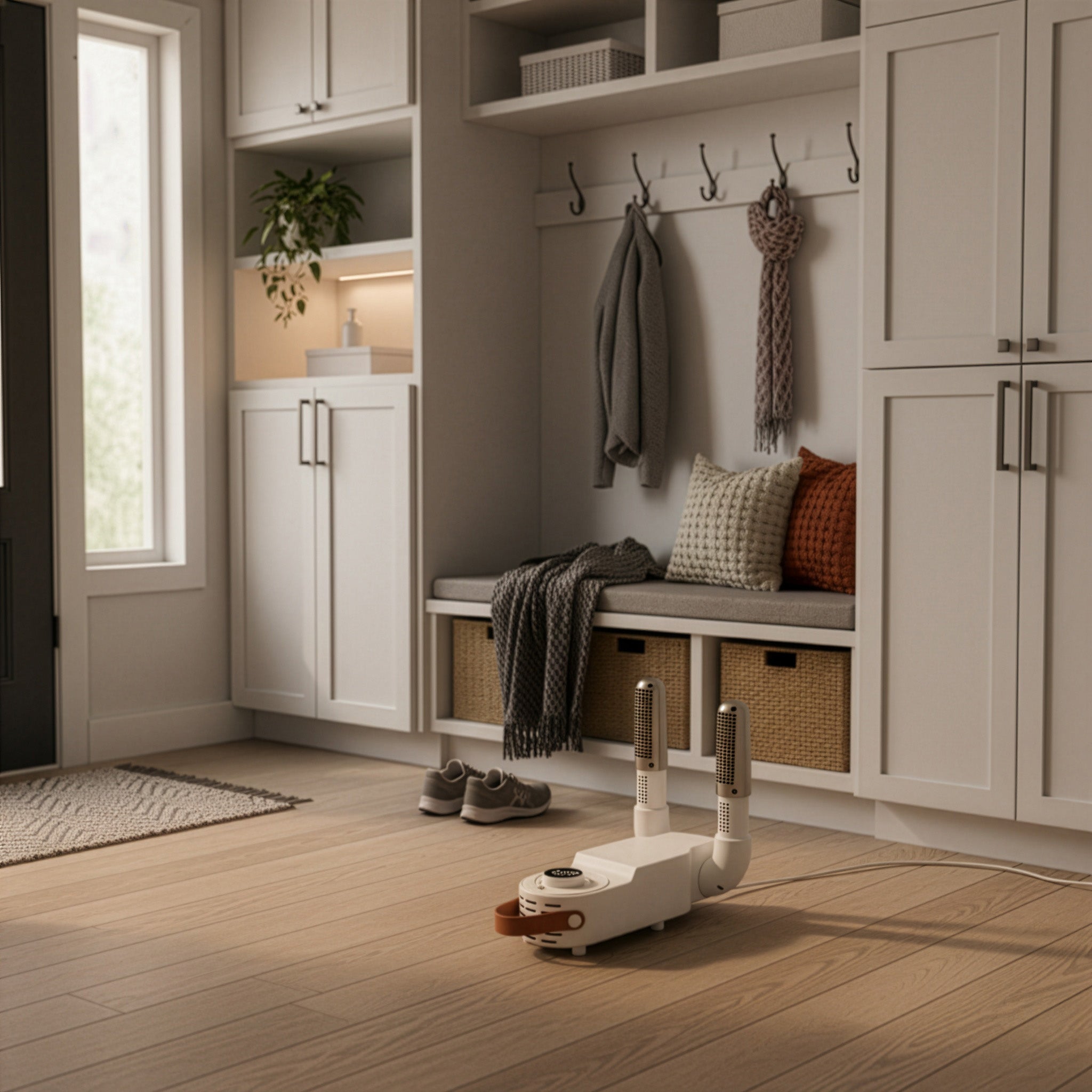 BootBud in a modern home entryway with cabinets and a bench.
